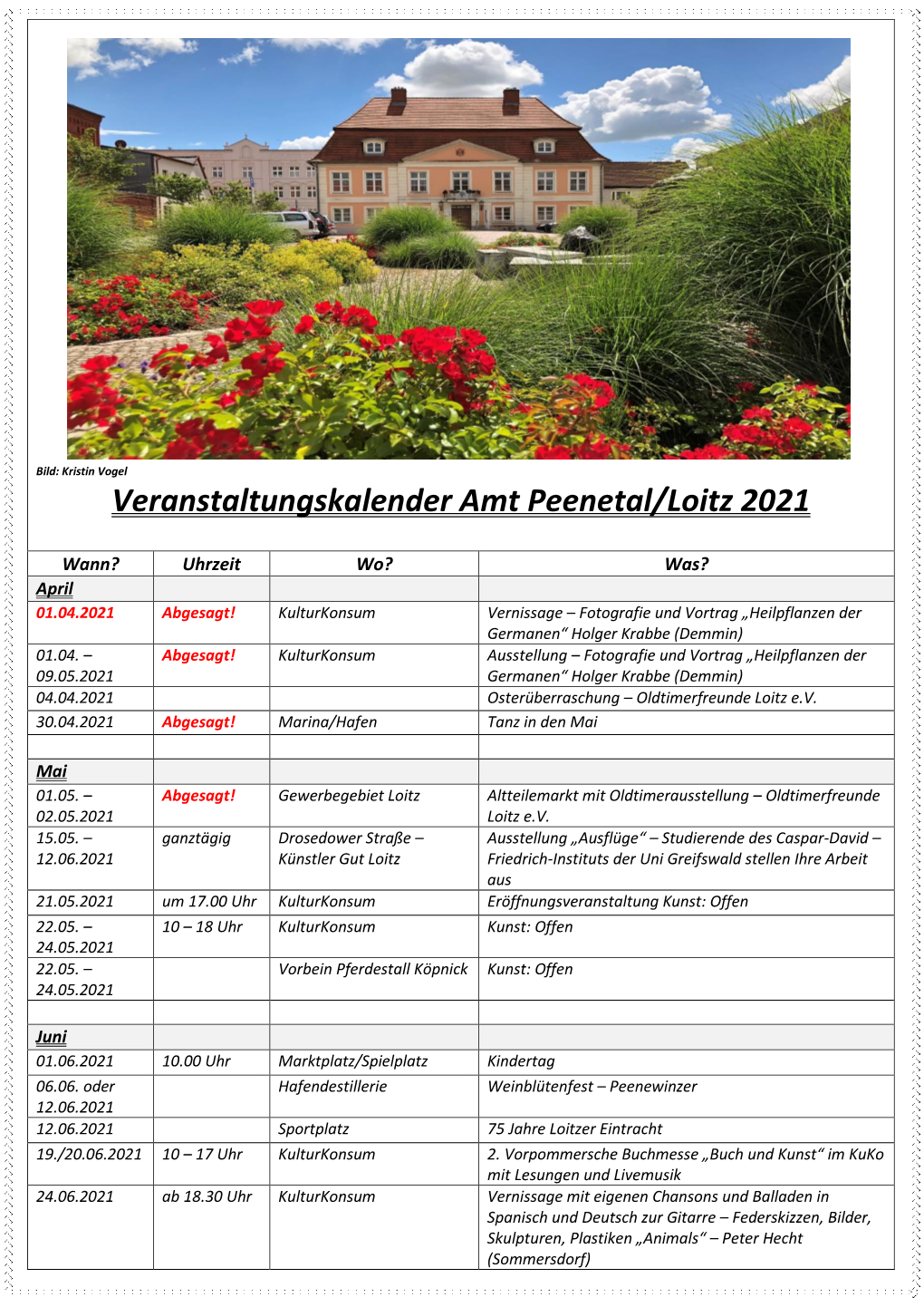 Veranstaltungskalender Amt Peenetal/Loitz 2021