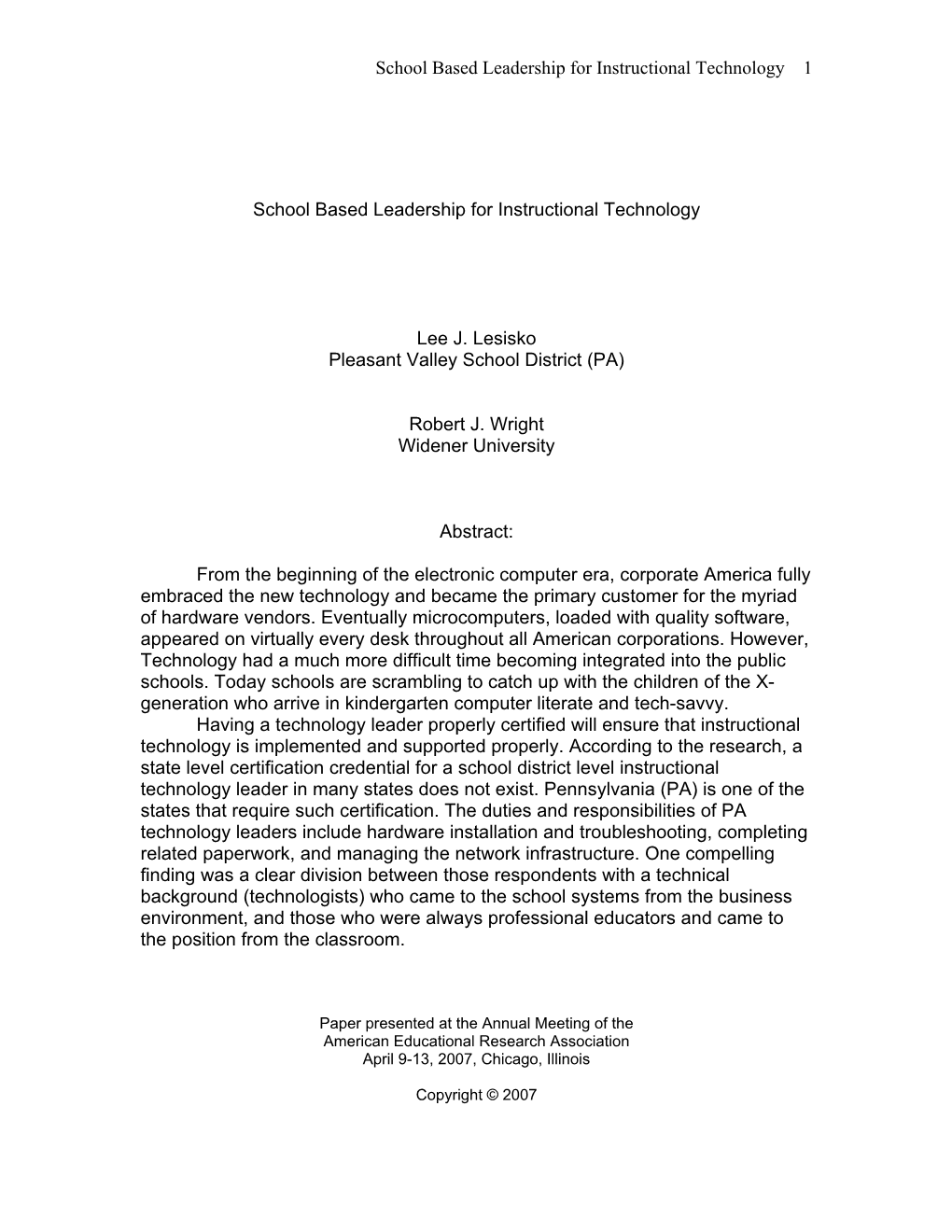 School Based Leadership for Instructional Technology 1 School