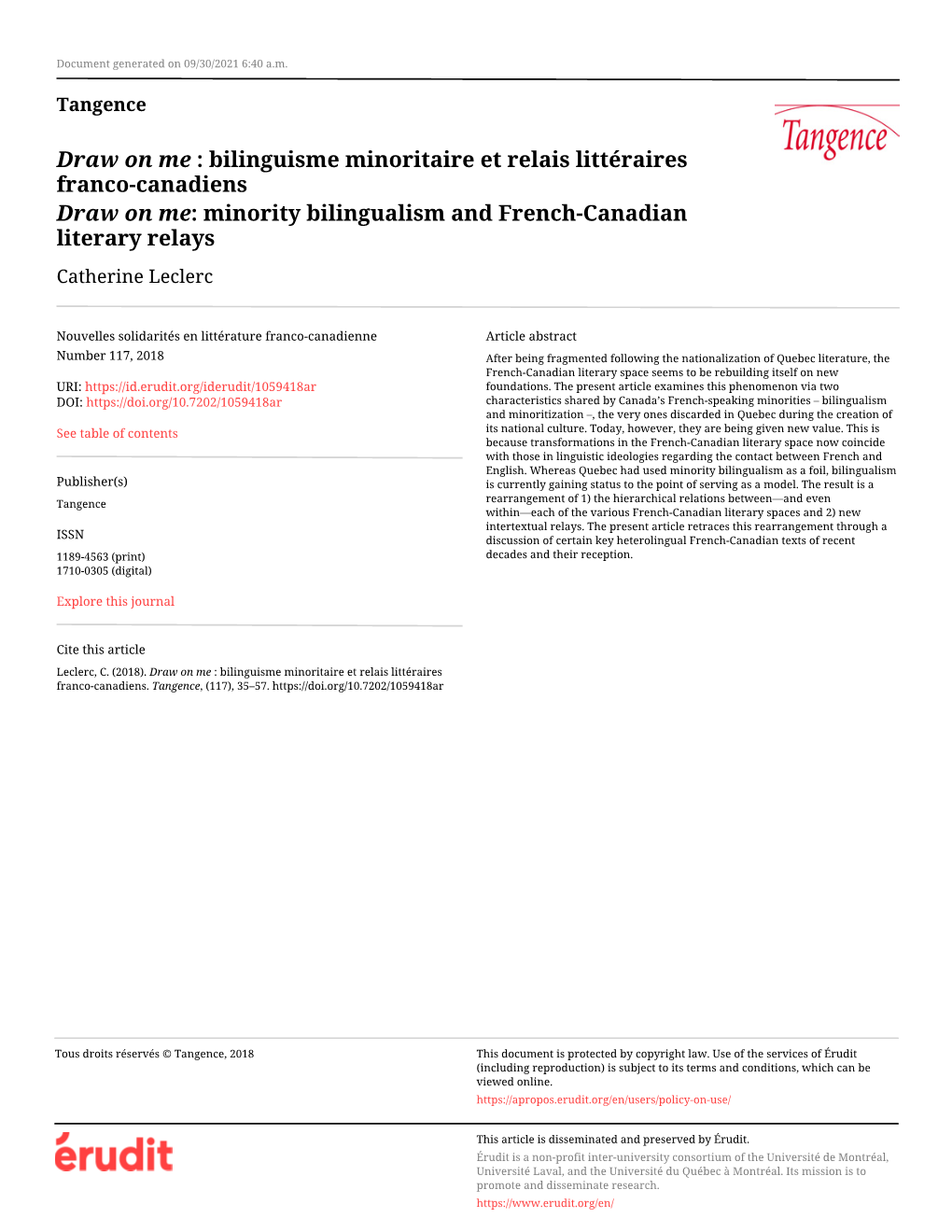 Bilinguisme Minoritaire Et Relais Littéraires Franco-Canadiens Draw on Me: Minority Bilingualism and French-Canadian Literary Relays Catherine Leclerc