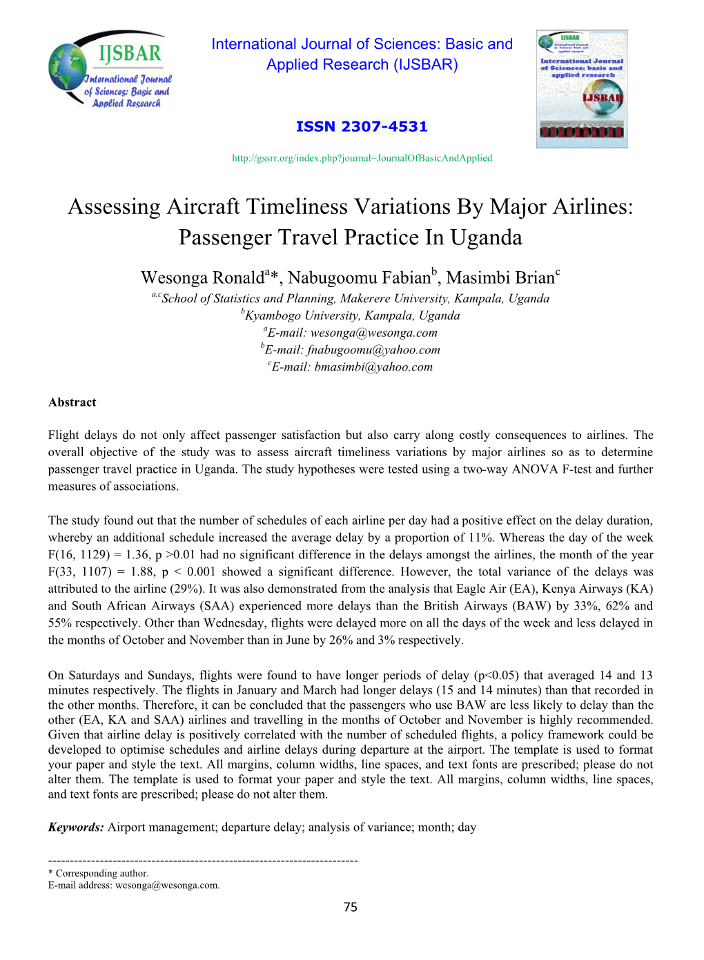 Assessing Aircraft Timeliness Variations by Major Airlines: Passenger Travel Practice in Uganda