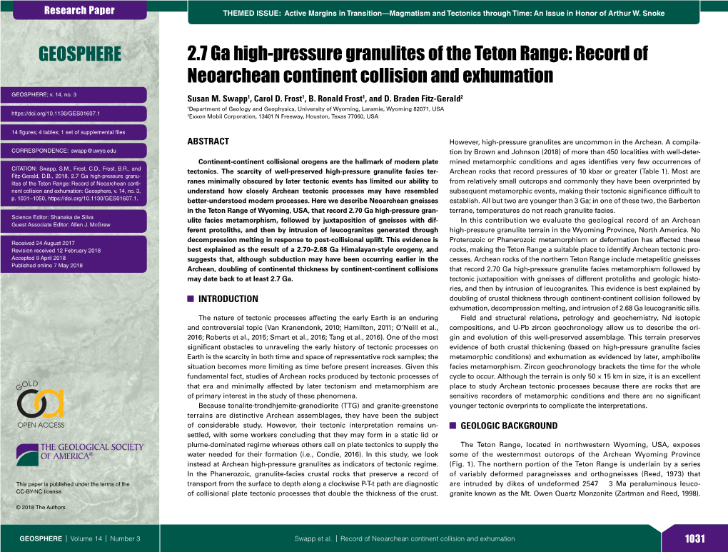 Record of Neoarchean Continent Collision and Exhumation GEOSPHERE; V