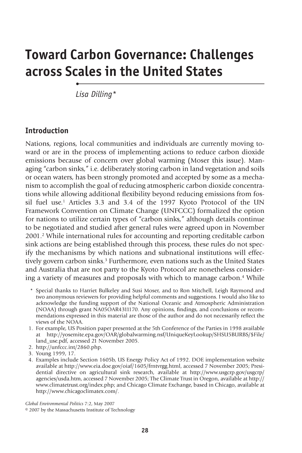 Toward Carbon Governance: Challenges Across Scales in the United States • Lisa Dilling*