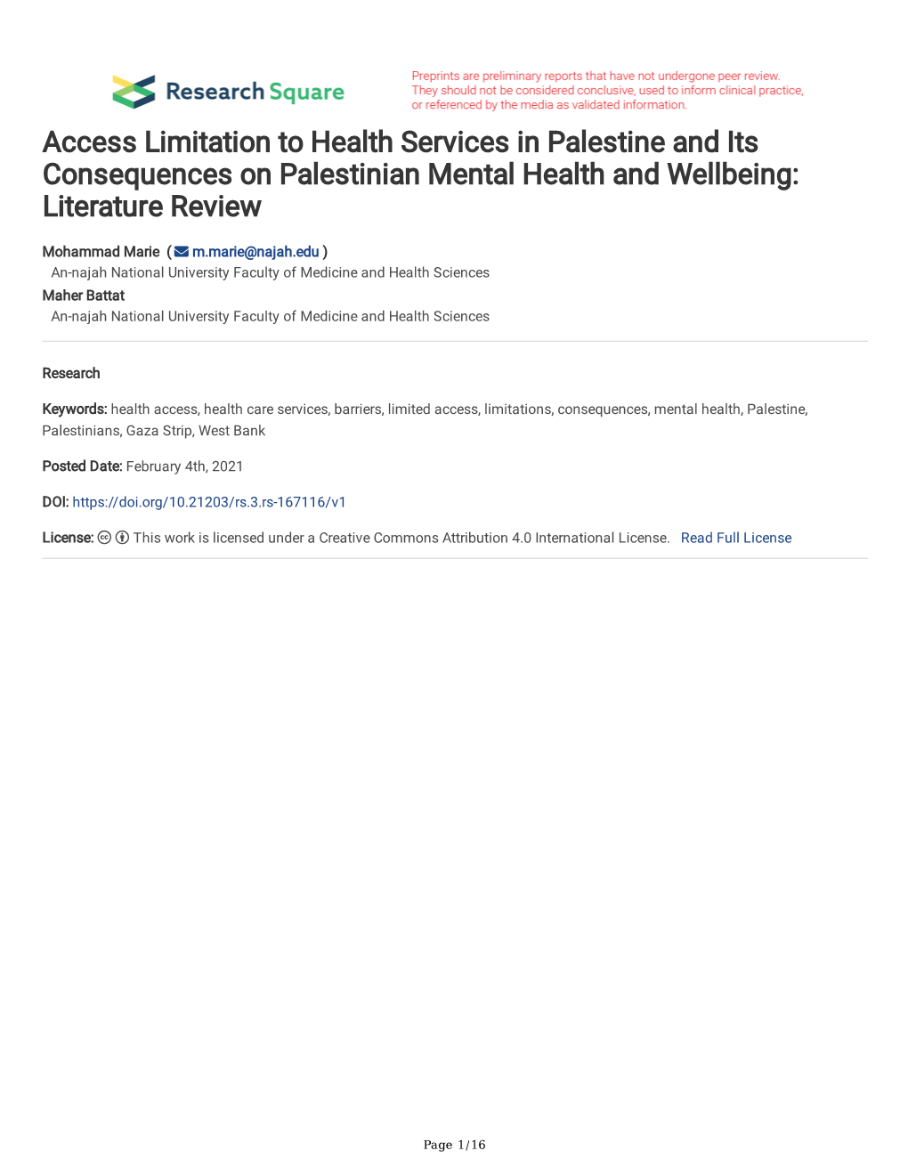 Access Limitation to Health Services in Palestine and Its Consequences on Palestinian Mental Health and Wellbeing: Literature Review