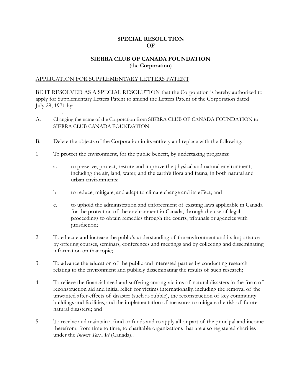 Special Resolution of Sierra Club Of