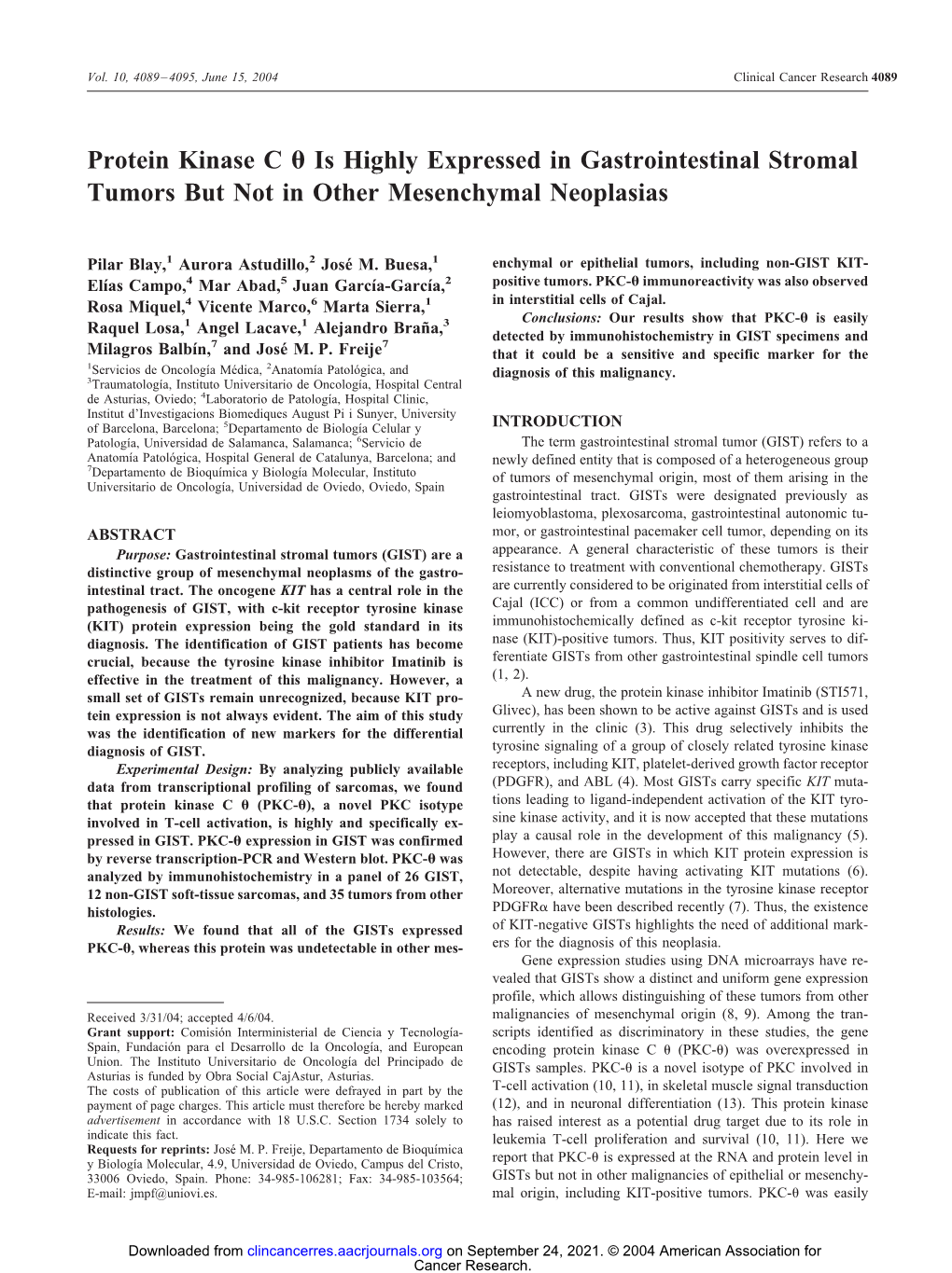 Protein Kinase C Is Highly Expressed in Gastrointestinal Stromal Tumors