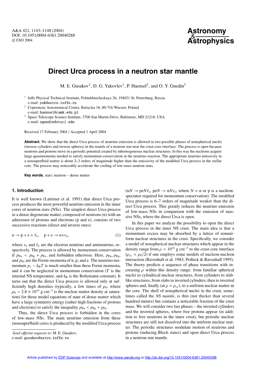 Direct Urca Process in a Neutron Star Mantle