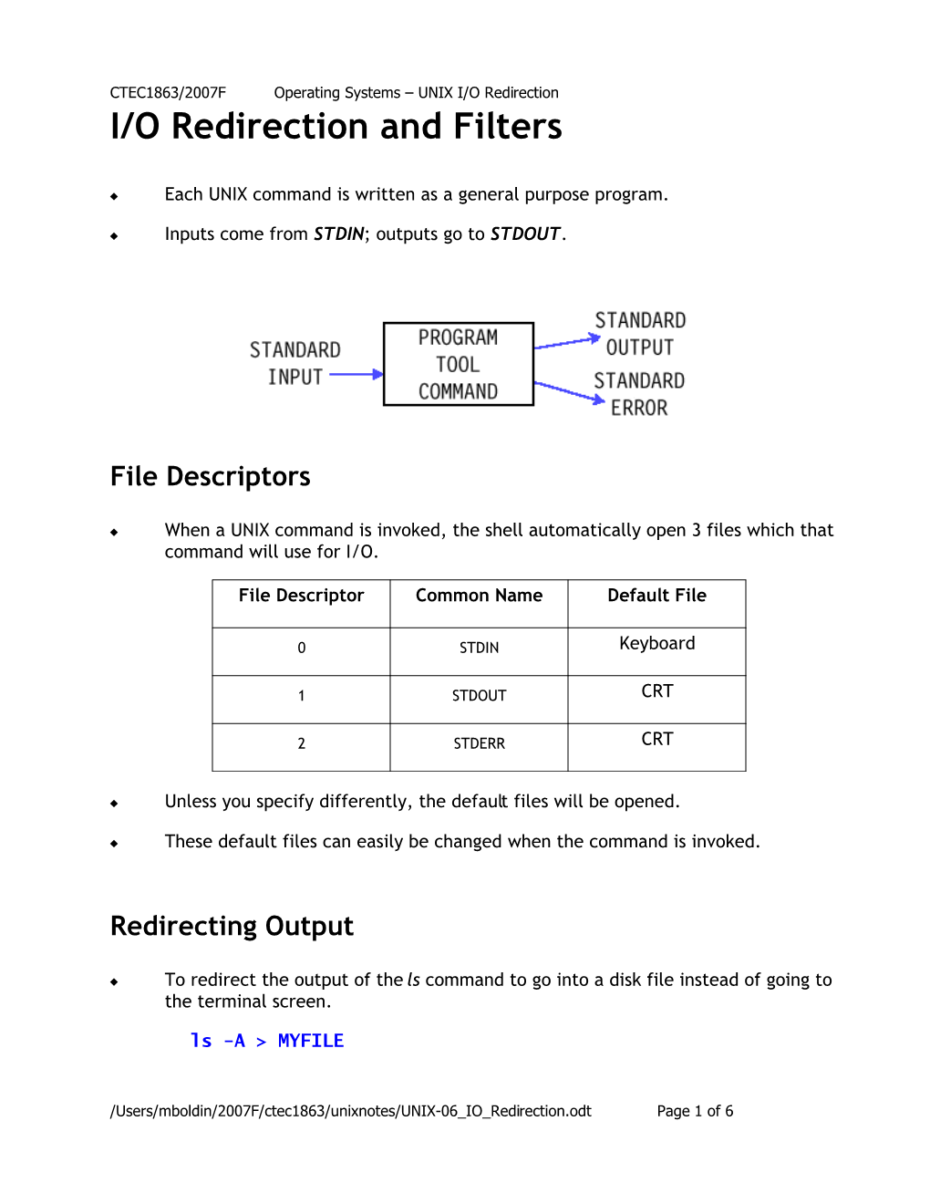 I/O Redirection and Filters