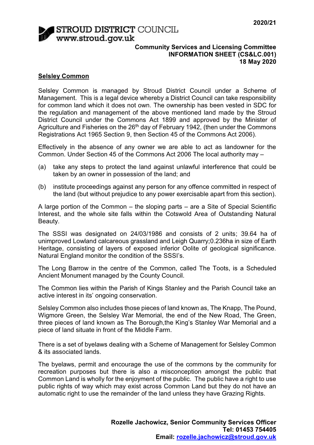 Selsley Common Information Sheet