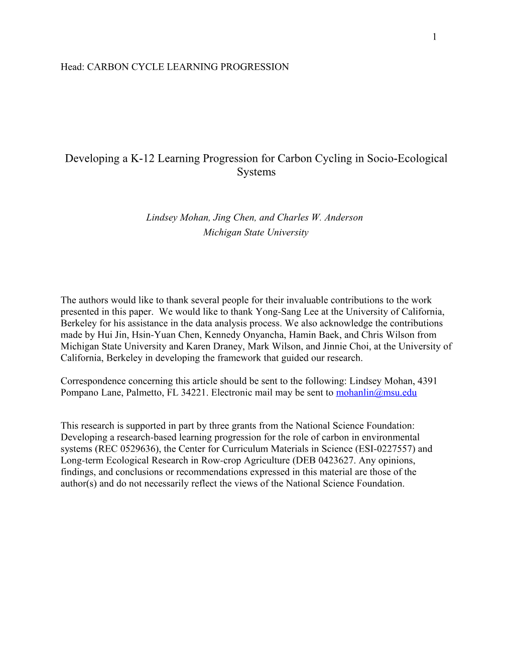 Head: CARBON CYCLE LEARNING PROGRESSION