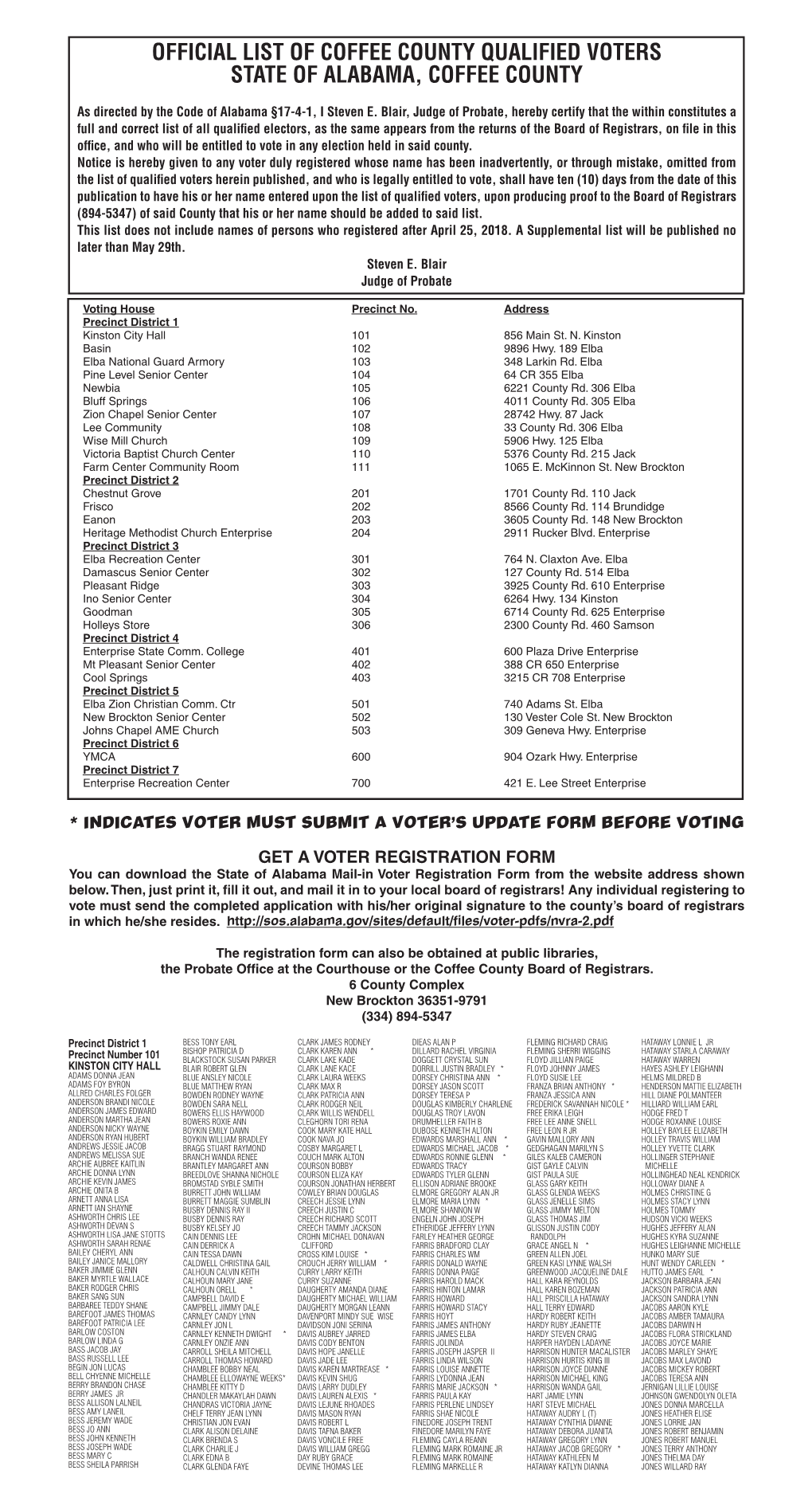 Official List of Coffee County Qualified Voters State of Alabama, Coffee County