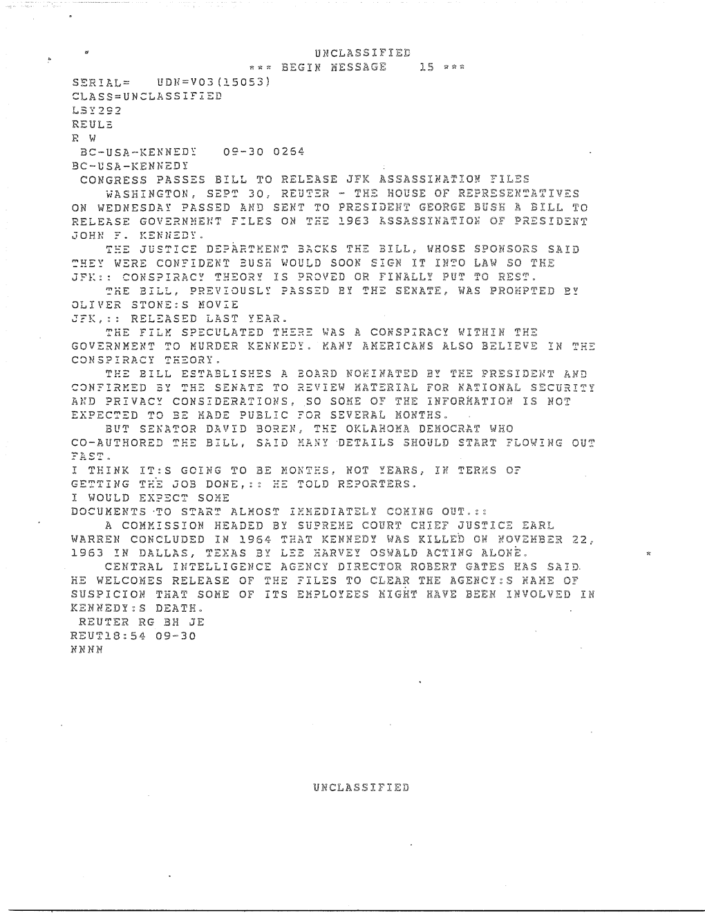 Congress Passes Bill to Release JFK Assassination Files (Reuter Article)