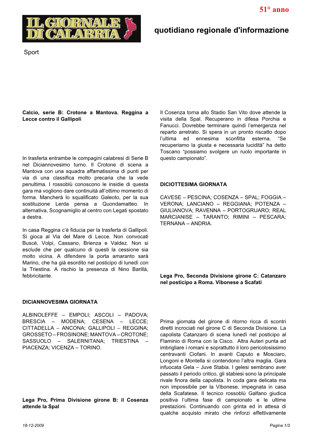 Quotidiano Regionale D'informazione 51° Anno