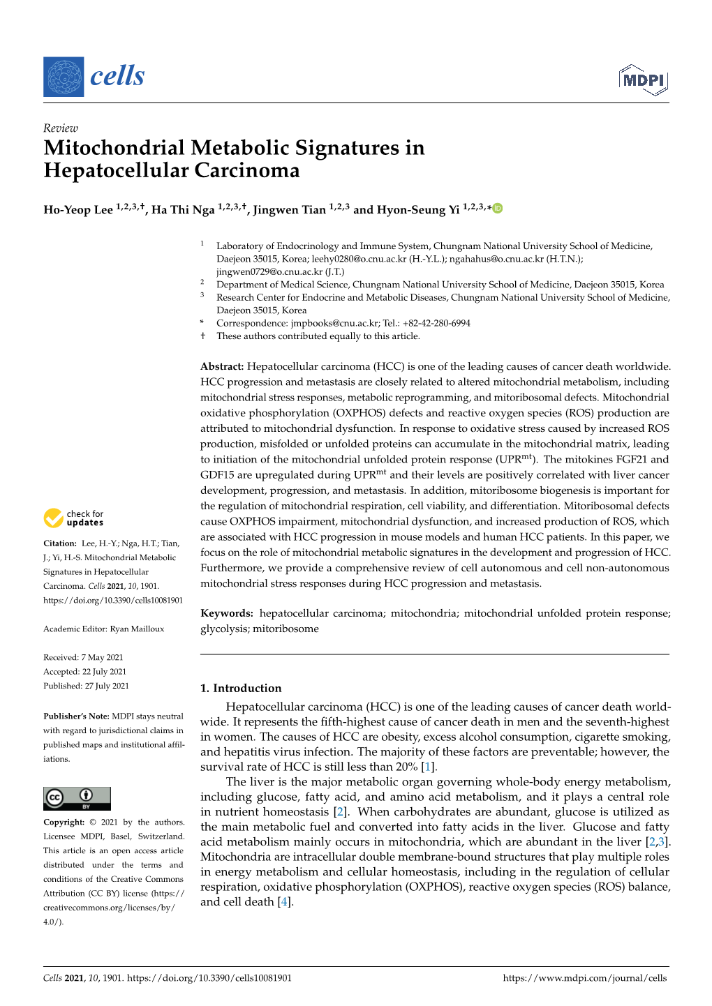 Mitochondrial Metabolic Signatures in Hepatocellular Carcinoma