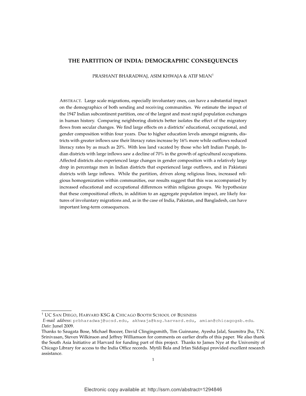 The Partition of India: Demographic Consequences