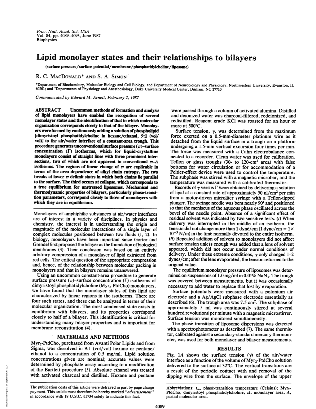 Lipid Monolayer States and Their Relationships to Bilayers (Surface Pressure/Surface Potential/Membrane/Phosphatidylcholine/Liposome) R