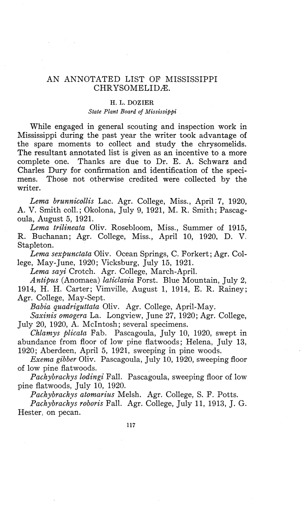 An Annotated List of Mississippi Chrysomelidae