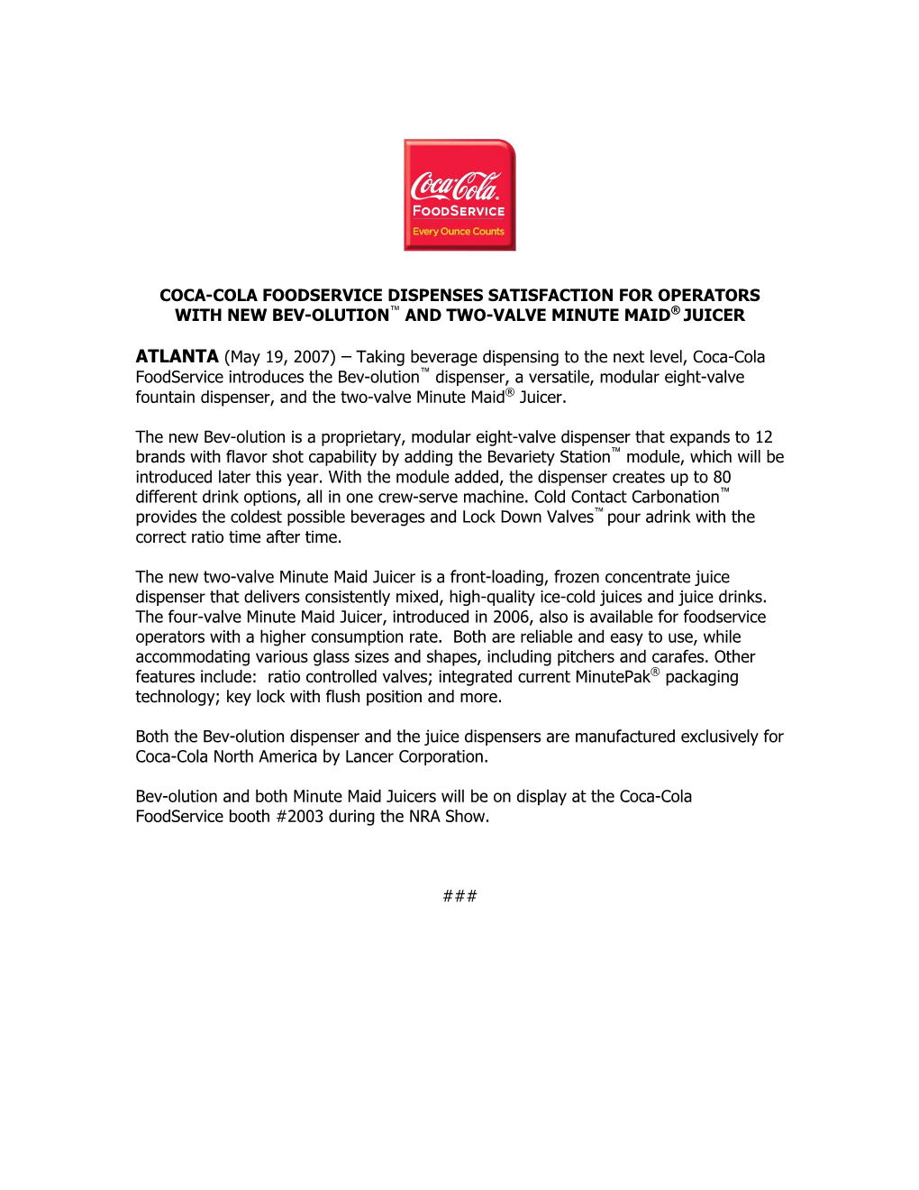 Coca-Cola Foodservice Dispenses Satisfaction for Operators with New Bev-Olution™ and Two-Valve Minute Maid® Juicer Atlanta