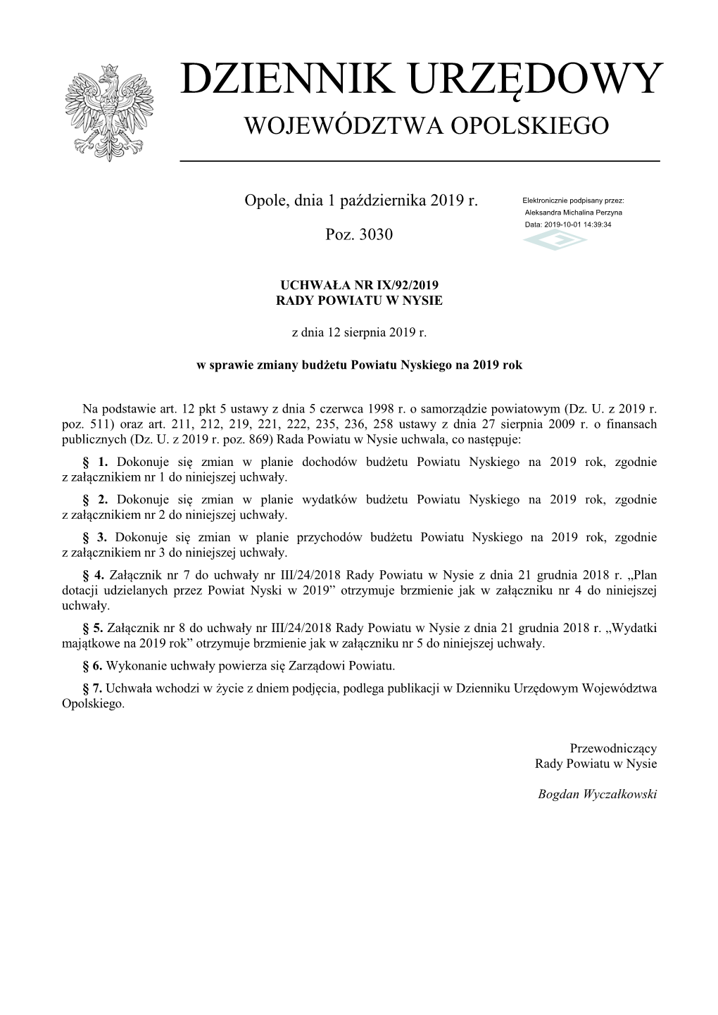 Uchwala Nr IX/92/2019 Z Dnia 12 Sierpnia 2019 R