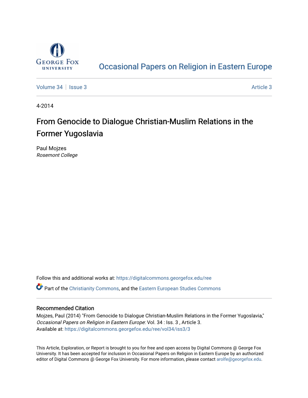 From Genocide to Dialogue Christian-Muslim Relations in the Former Yugoslavia