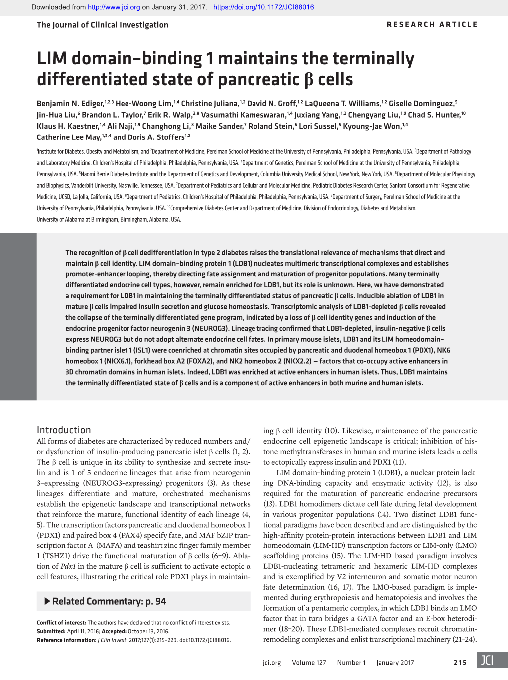 LIM Domain–Binding 1 Maintains the Terminally Differentiated State of Pancreatic Β Cells