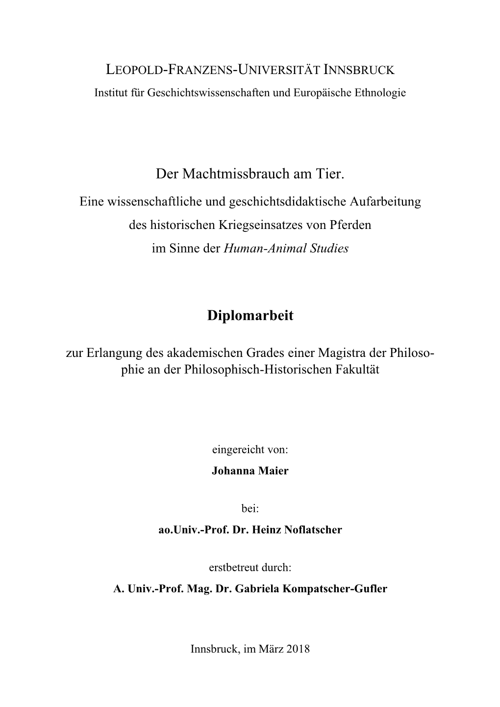 Der Machtmissbrauch Am Tier. Diplomarbeit