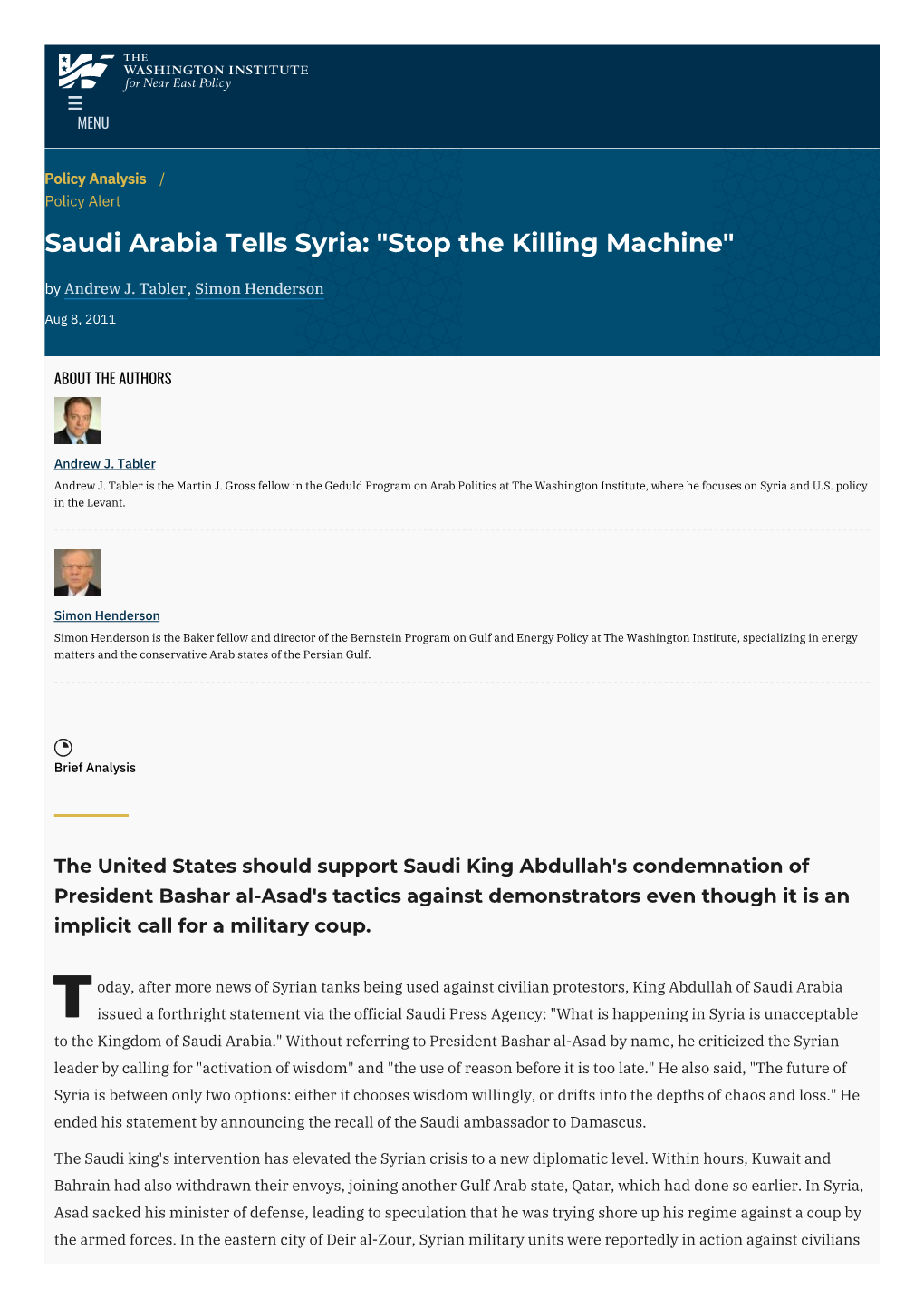 Saudi Arabia Tells Syria: "Stop the Killing Machine" | the Washington Institute