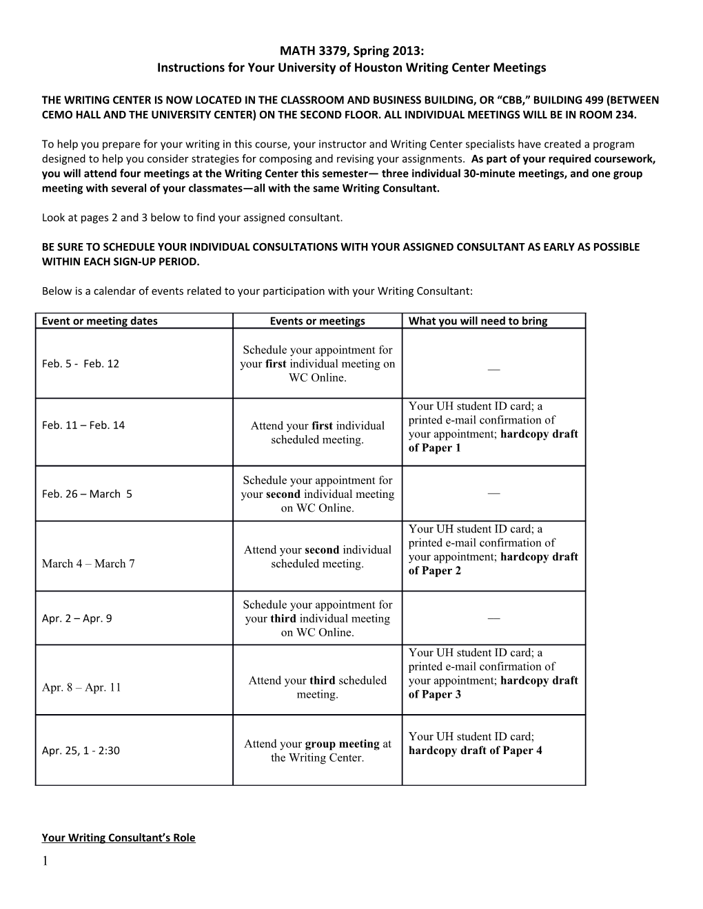 Instructions for Your University of Houston Writing Center Meetings