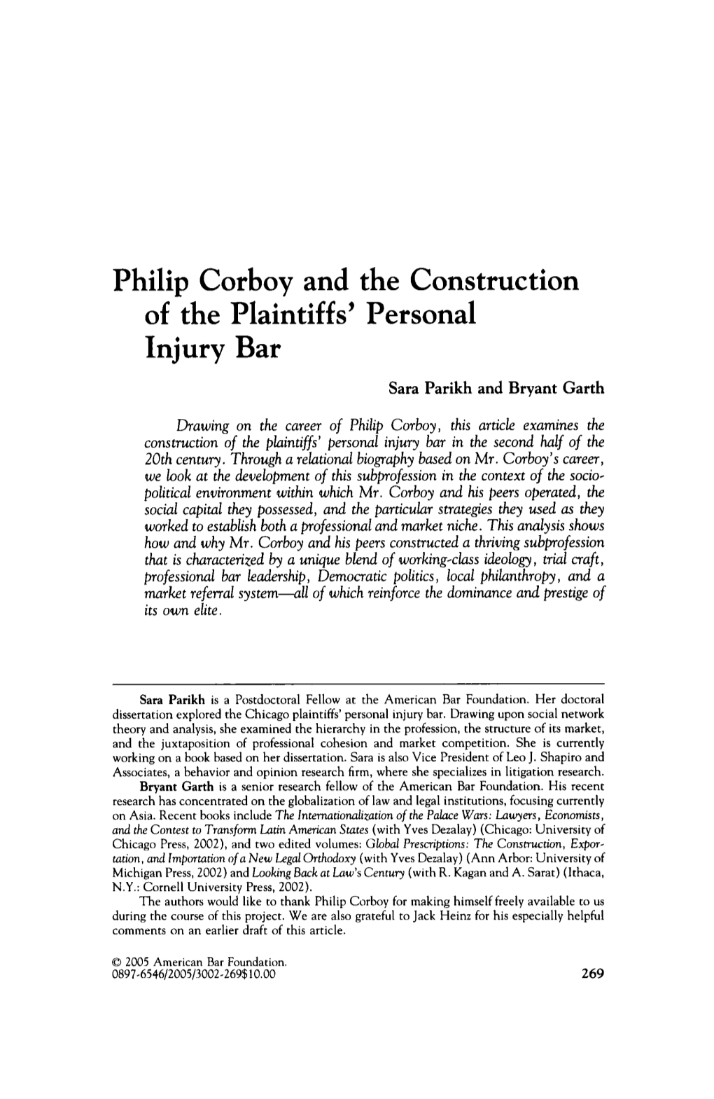 Philip Corboy and the Construction of the Plaintiffs' Personal Injury