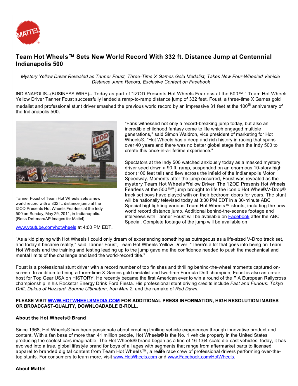 Team Hot Wheels™ Sets New World Record with 332 Ft. Distance Jump at Centennial Indianapolis 500