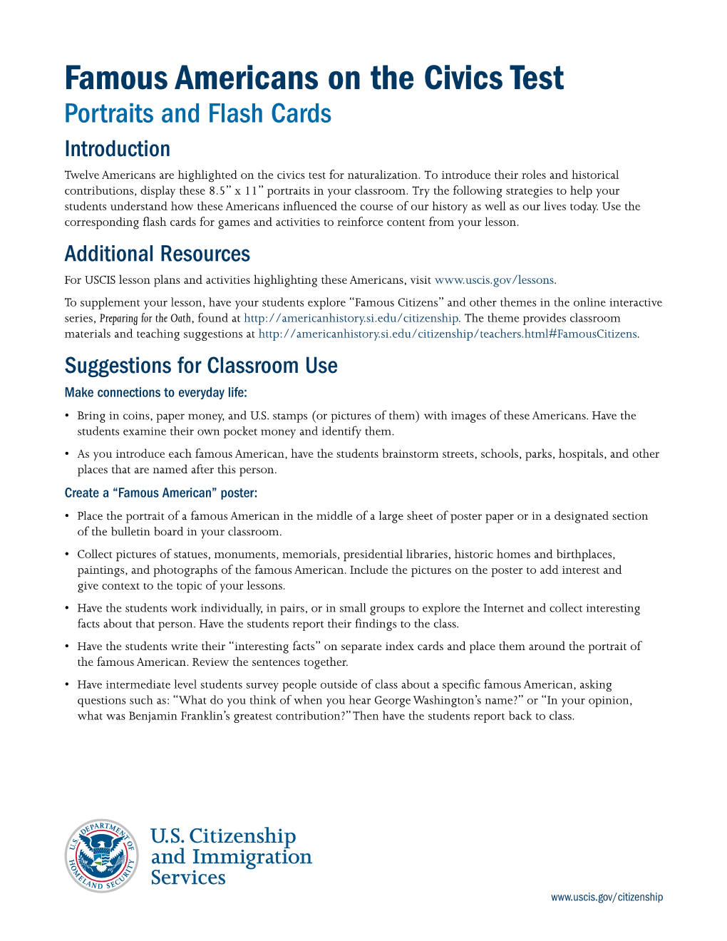 Famous Americans on the Civics Test Portraits and Flash Cards Introduction Twelve Americans Are Highlighted on the Civics Test for Naturalization