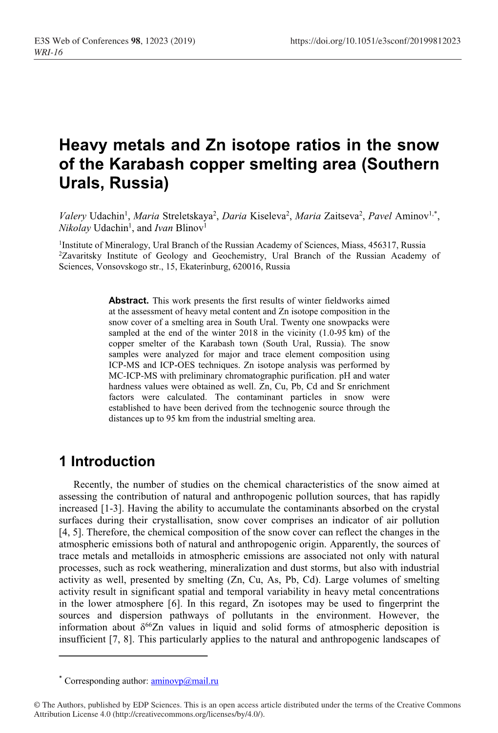 Heavy Metals and Zn Isotope Ratios in the Snow of the Karabash Copper Smelting Area (Southern Urals, Russia)