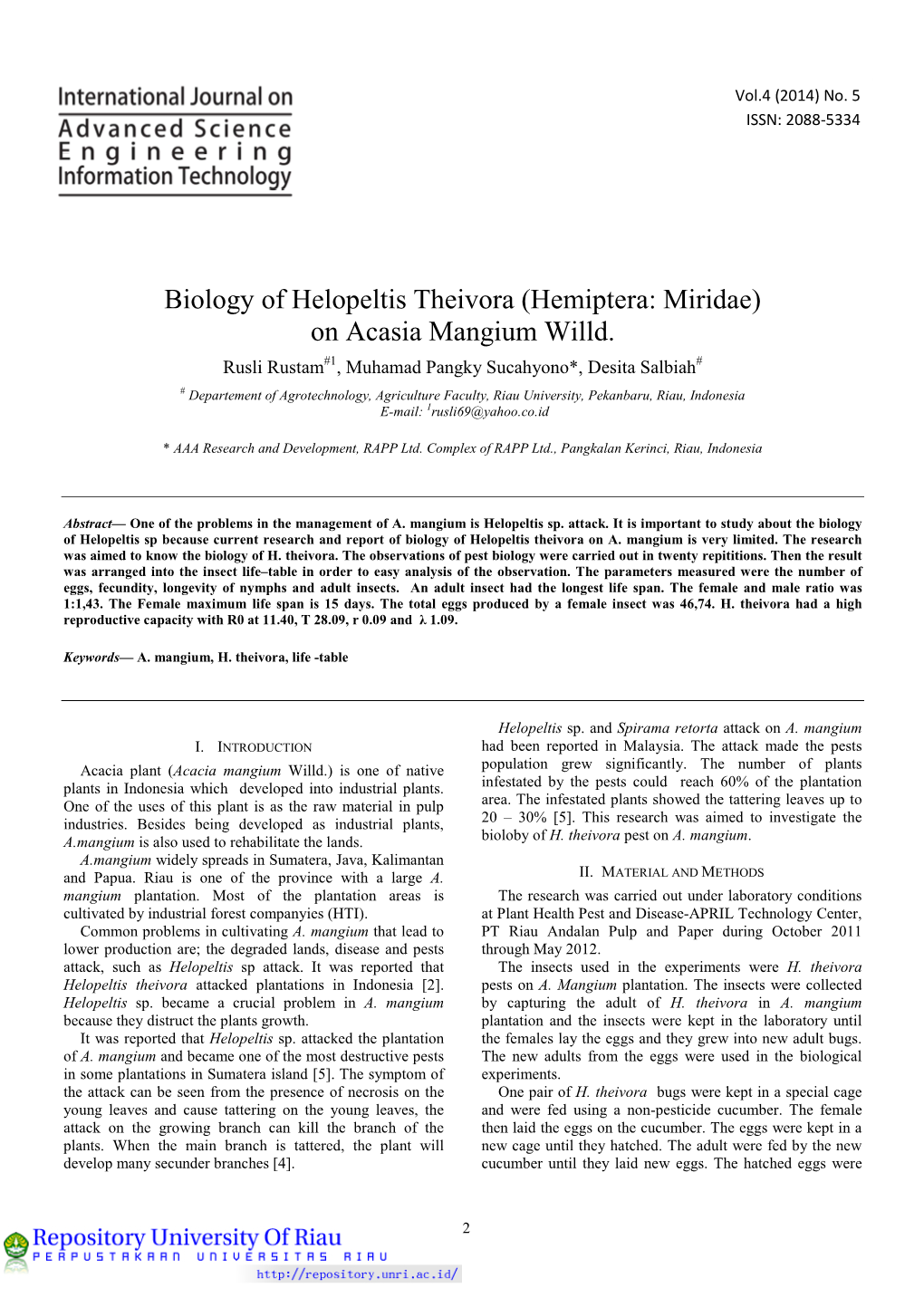 Biology of Helopeltis Theivora (Hemiptera: Miridae) on Acasia Mangium Willd