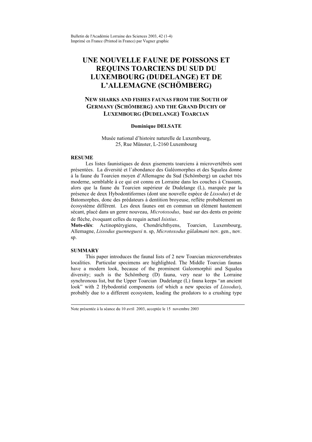 Une Nouvelle Faune De Poissons Et Requins Toarciens Du Sud Du Luxembourg (Dudelange) Et De L’Allemagne (Schömberg)