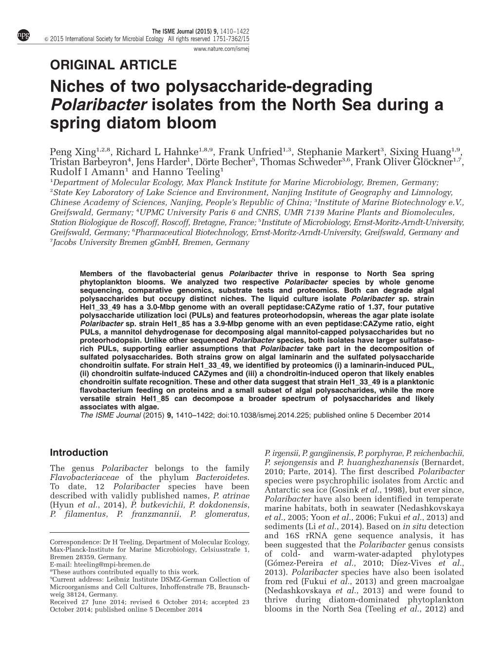 Niches of Two Polysaccharide-Degrading Polaribacter Isolates from the North Sea During a Spring Diatom Bloom