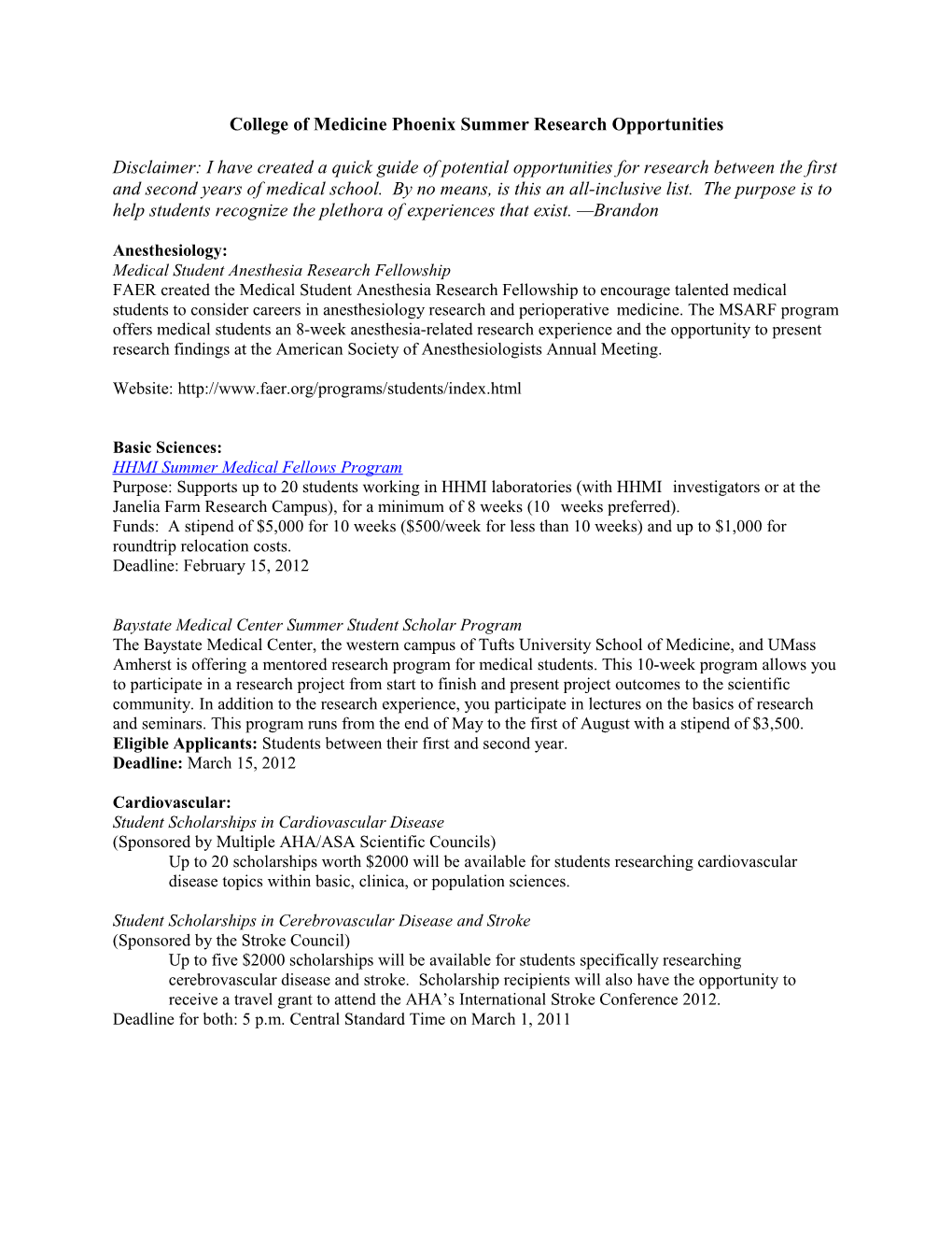 College of Medicine Phoenix Summer Research Opportunities