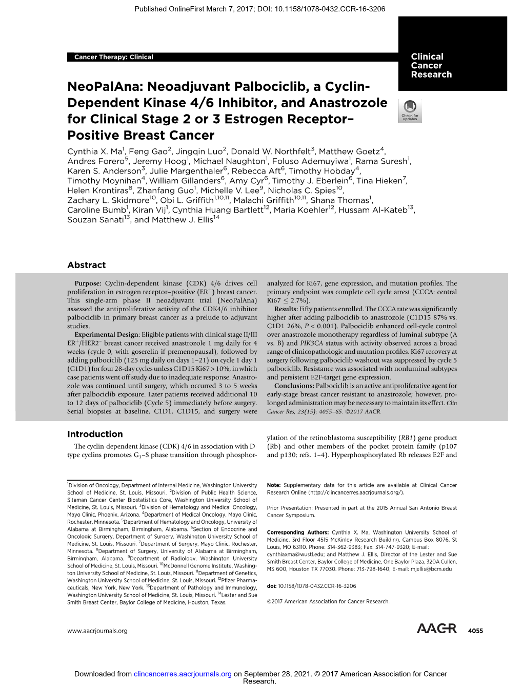 Neopalana: Neoadjuvant Palbociclib, a Cyclin- Dependent Kinase 4/6