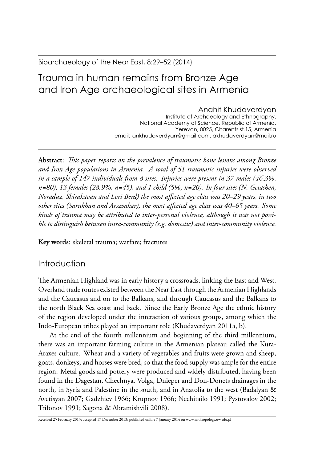 Trauma in Human Remains from Bronze Age and Iron Age Archaeological Sites in Armenia