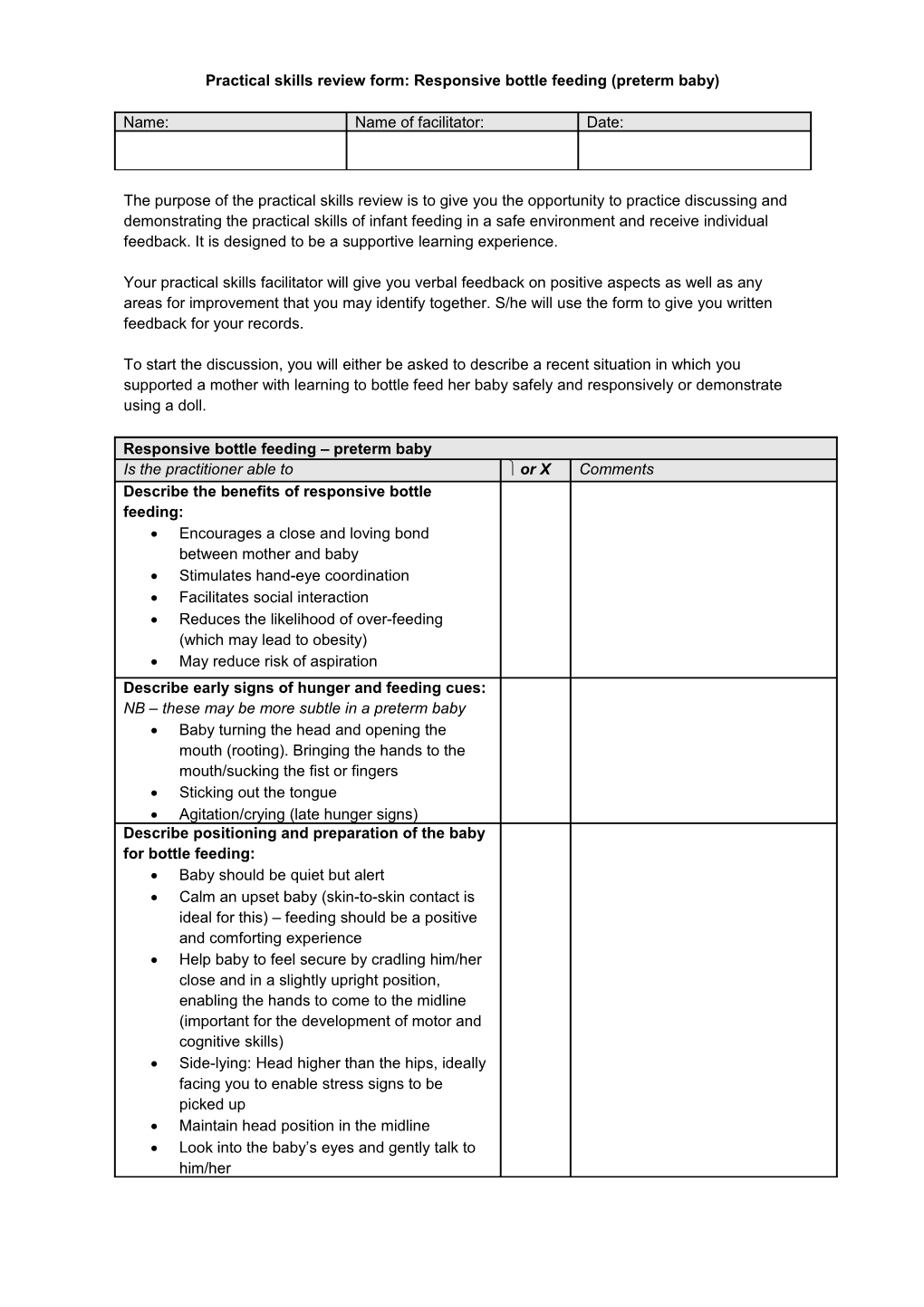 Practical Skills Review Form-Responsive Bottle Feeding (Preterm)