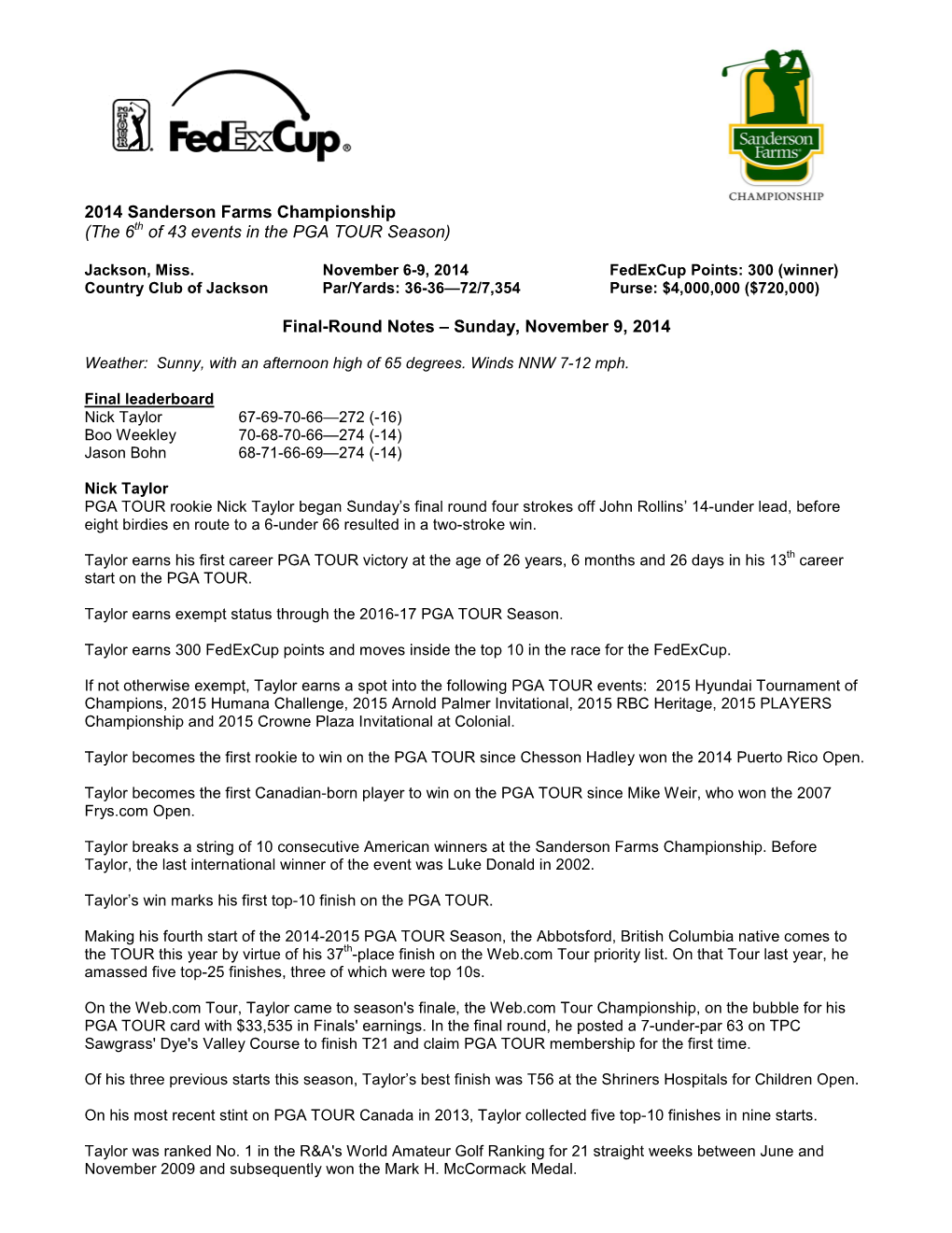 2014 Sanderson Farms Championship (The 6Th of 43 Events in the PGA TOUR Season) Final-Round Notes – Sunday, November 9, 2014