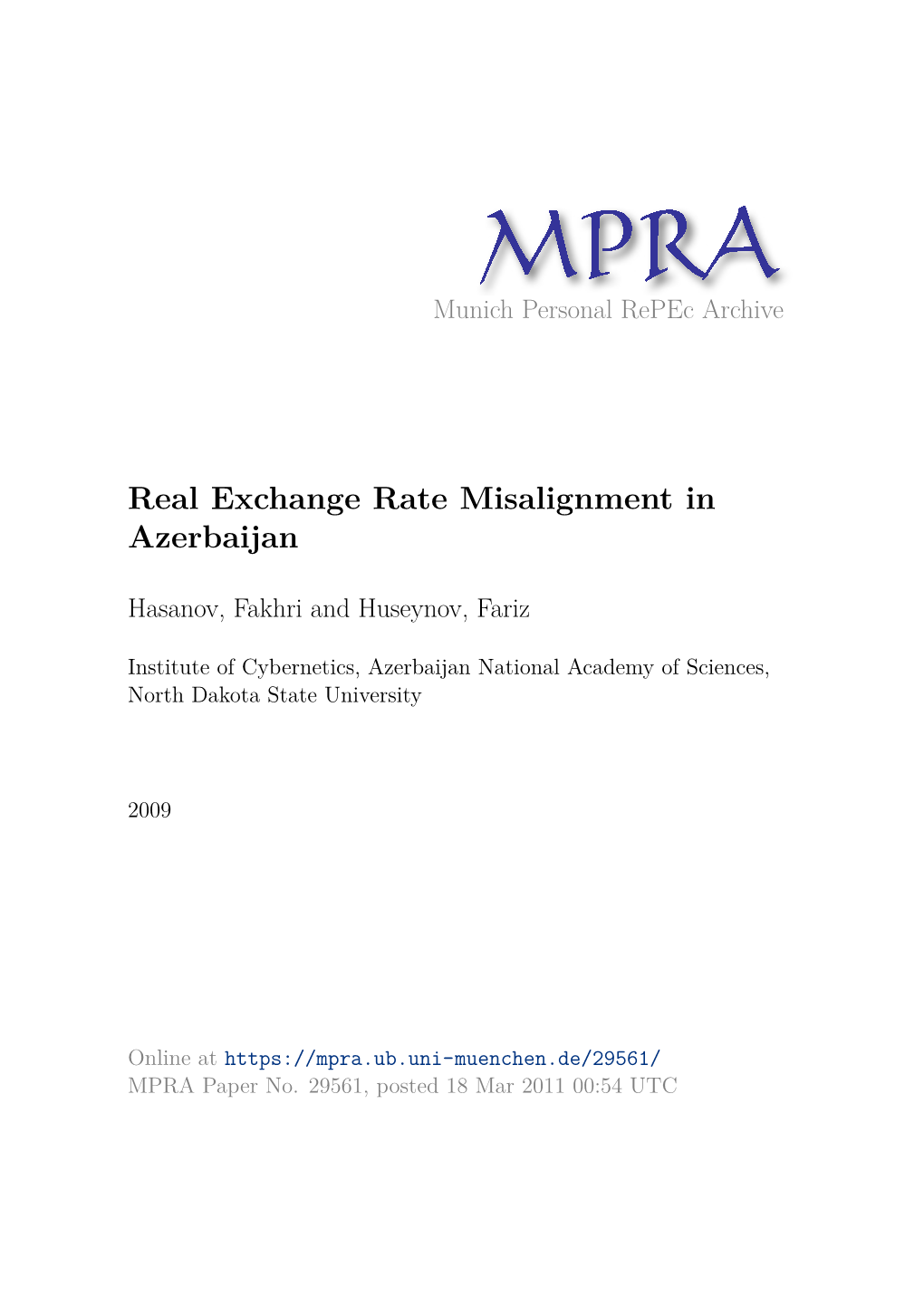 Real Exchange Rate Misalignment in Azerbaijan