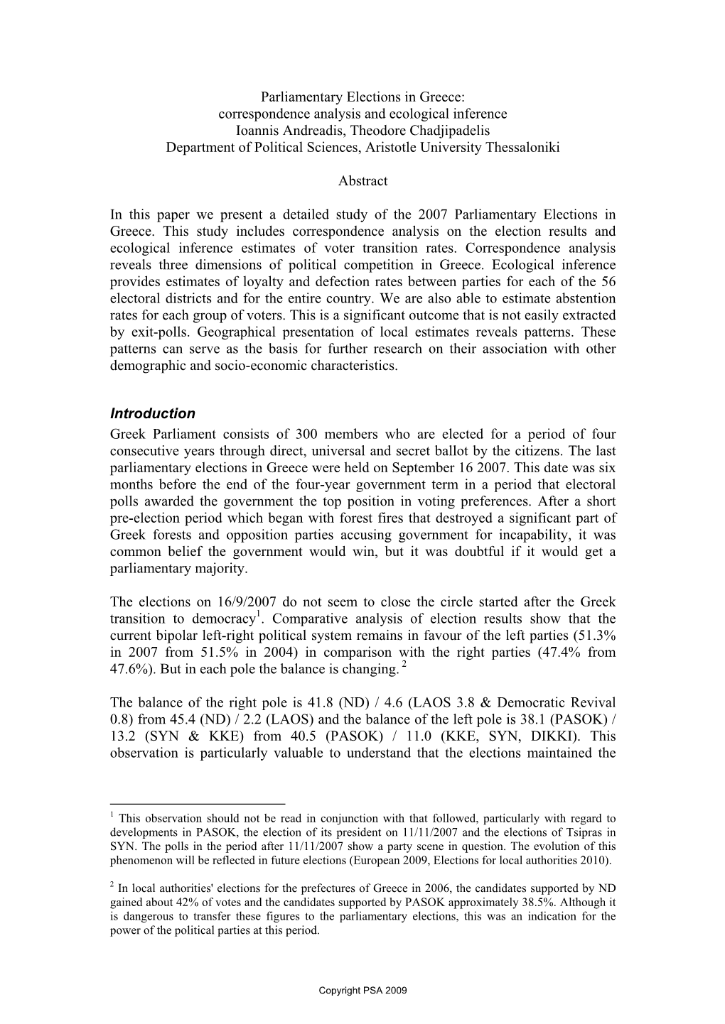 Parliamentary Elections in Greece: Ecological Analysis and Ecological Inference