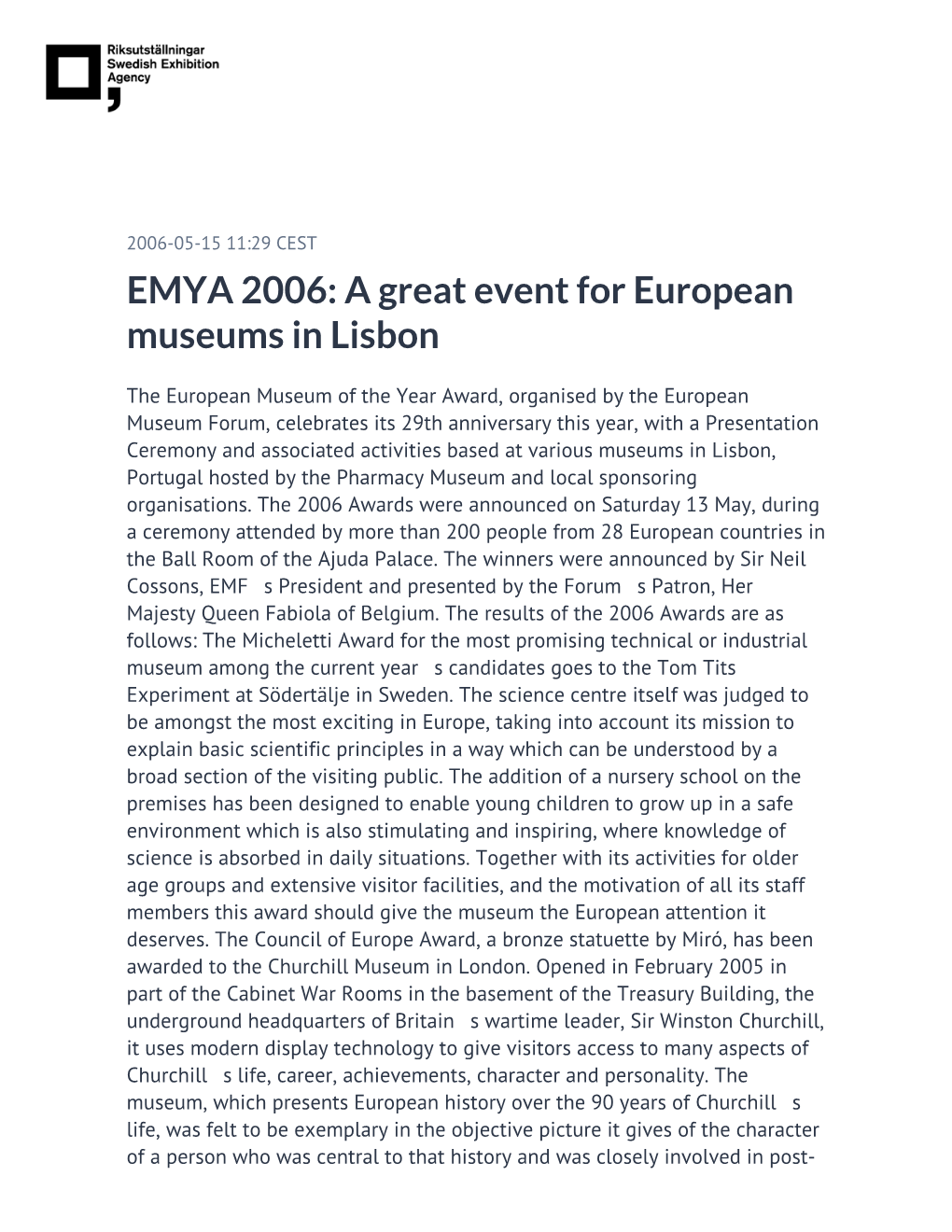 EMYA 2006: a Great Event for European Museums in Lisbon