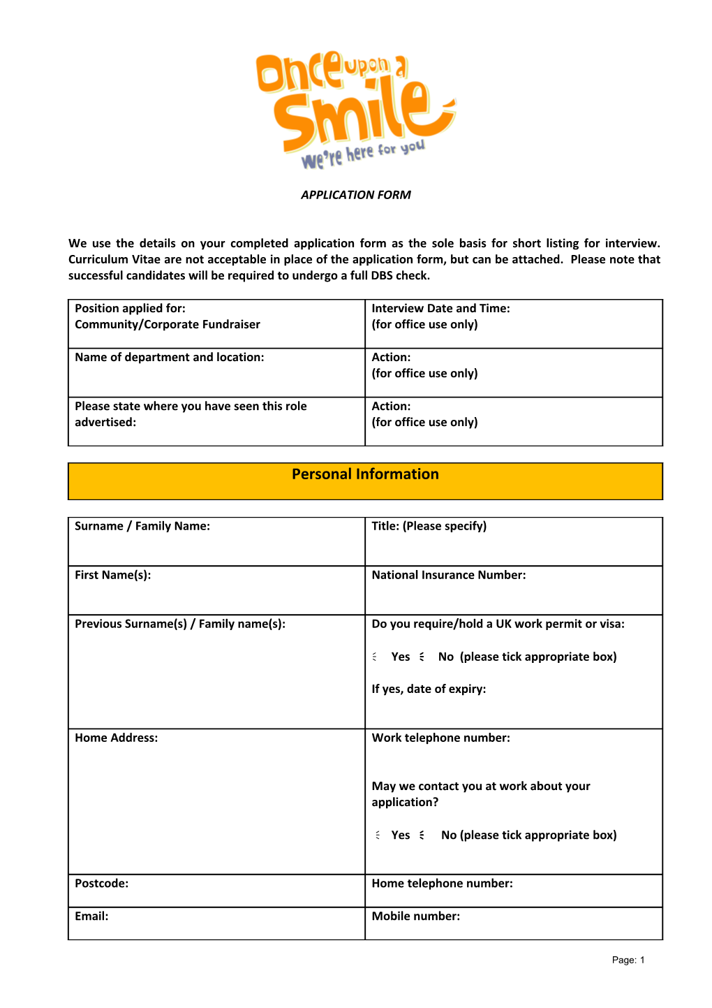 Spurgeon's Application for Employment Pack