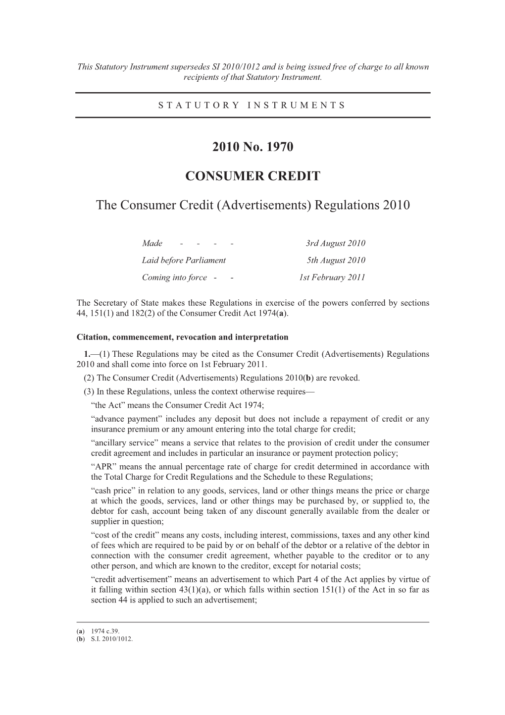 2010 No. 1970 CONSUMER CREDIT the Consumer Credit (Advertisements) Regulations 2010
