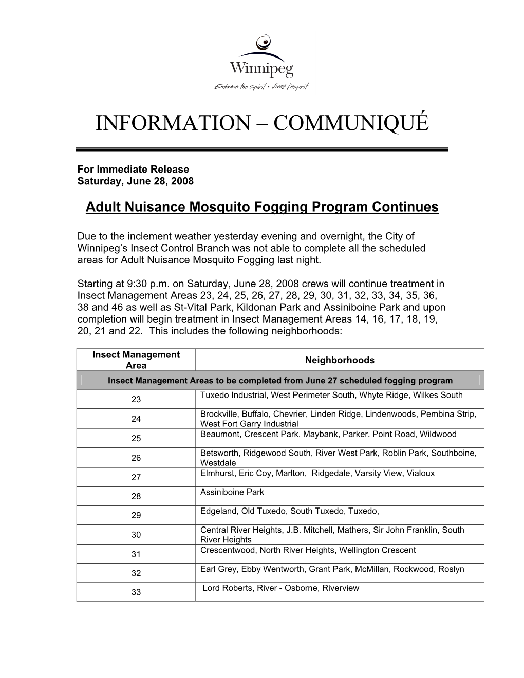 Information – Communiqué