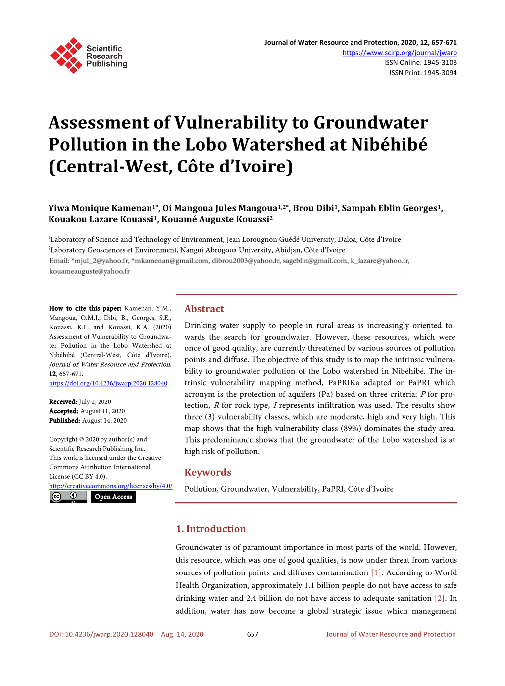 Assessment of Vulnerability to Groundwater Pollution in the Lobo Watershed at Nibéhibé (Central-West, Côte D’Ivoire)