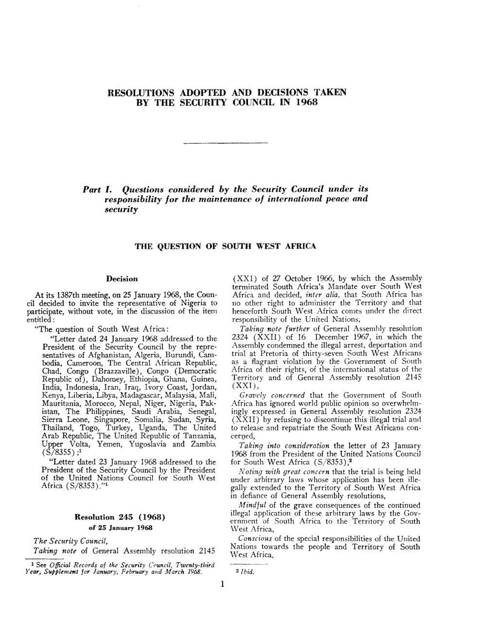 Resolutions Adopted and Decisions Taken by the Security Council in 1968