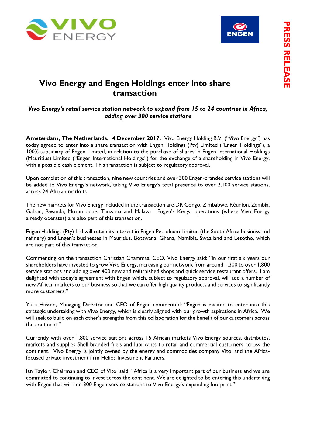 Vivo Energy and Engen Holdings Enter Into Share Transaction