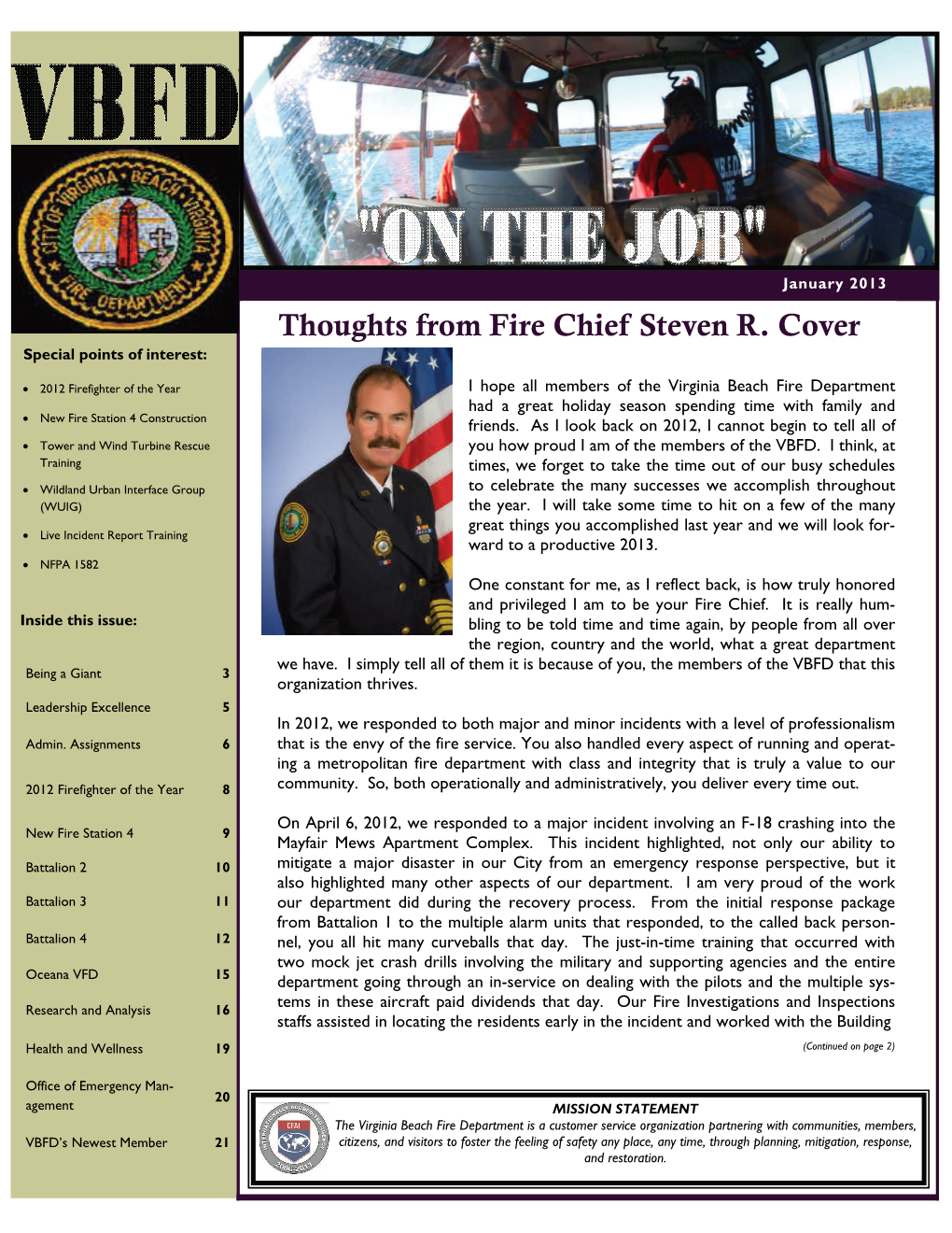 Thoughts from Fire Chief Steven R. Cover Special Points of Interest