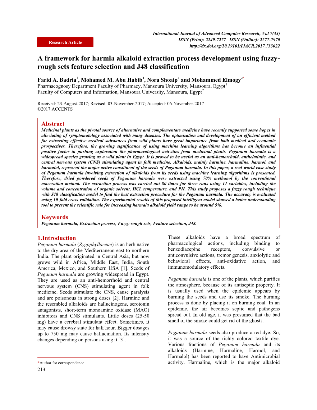 A Framework for Harmla Alkaloid Extraction Process Development Using Fuzzy- Rough Sets Feature Selection and J48 Classification